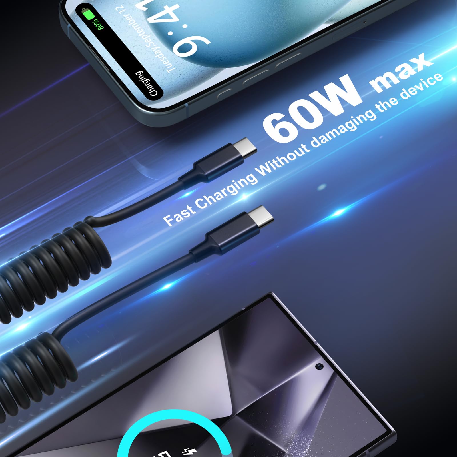 OKRAY Cable USB C en espiral para coche, paquete de 2 unidades de 5 pies USB-C a USB-C de 60 W, cable de carga rápida tipo C, cable de carga retráctil para coche, compatible con teléfono 15 Pro Max/15