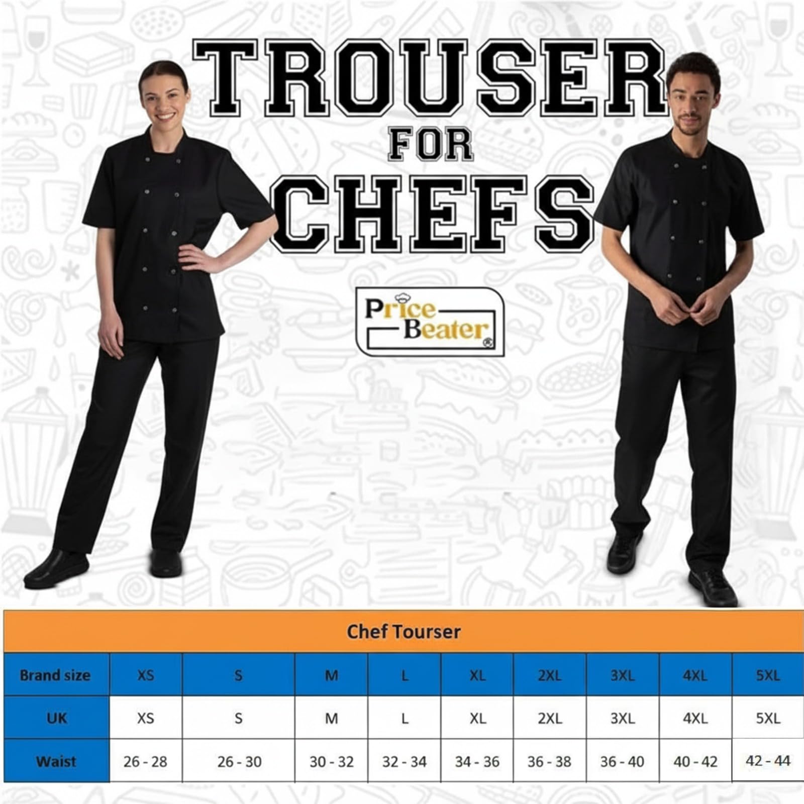 PRICE BEATER Pantalon de chef professionnel pour uniforme de cuisine unisexe adulte en polycoton classique, taille élastique, idéal pour un usage quotidien