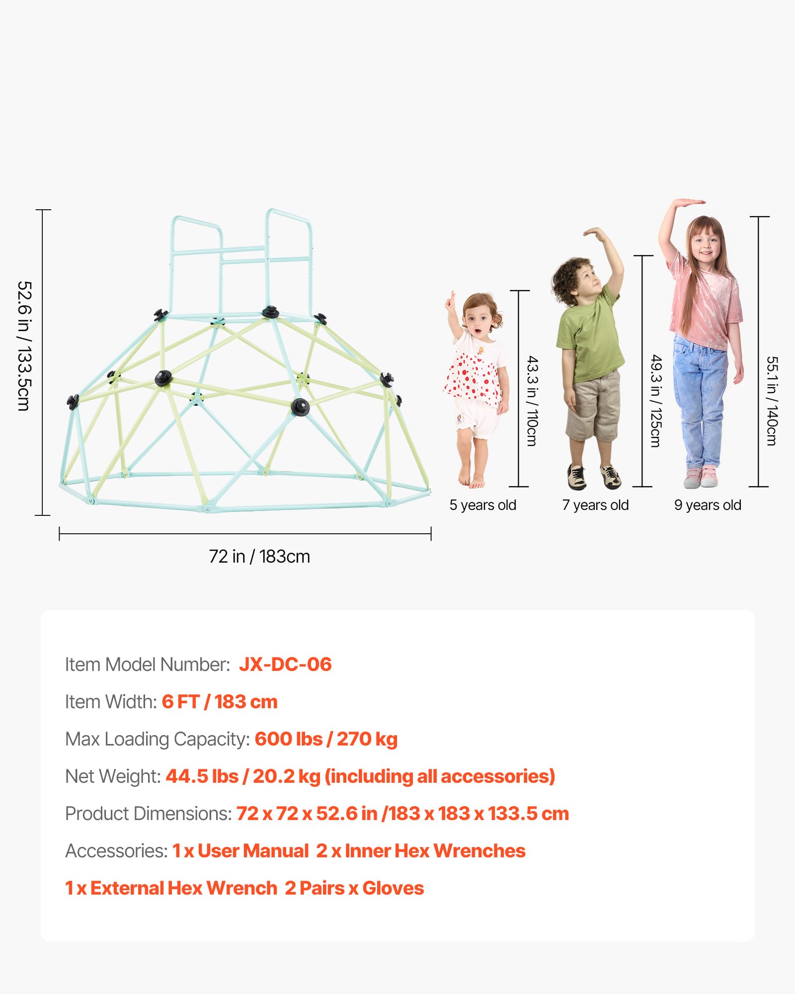 VEVOR Struttura da Arrampicata Geometrica a Cupola Larghezza 183 cm, Carico 270 kg, Attrezzatura da Arrampicata per Bambini dai 3 ai 10 Anni, Parco Giochi Giardino Esercizio da Esterno Blu Verde