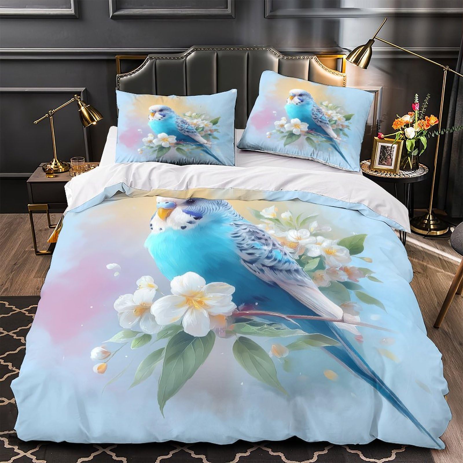 Parure de lit oiseaux bleus hypoallergénique et ultra douce en microfibre