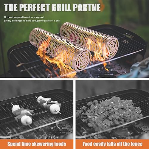 Miniatura 2 de Grill Basket 2 PCS, Rolling Grill Baskets for Outdoor Grill BBQ Grill Basket, Round Stainless Steel Grill Mesh Barbeque Grill Accessories, Camping