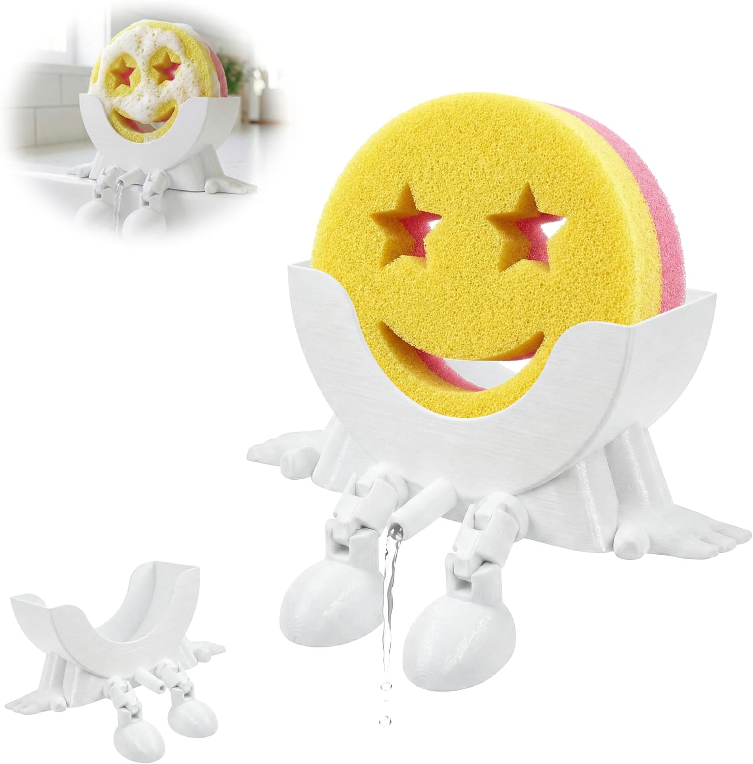 Cute Hanging Sponge Holder with Drainage & Legs, 3D Printed Funny Sink Stand for Round Sponges, Aesthetic Kitchen Sink Edge Organizer, Countertop Decor, Quick-Drying Storage Cleaning Gadget