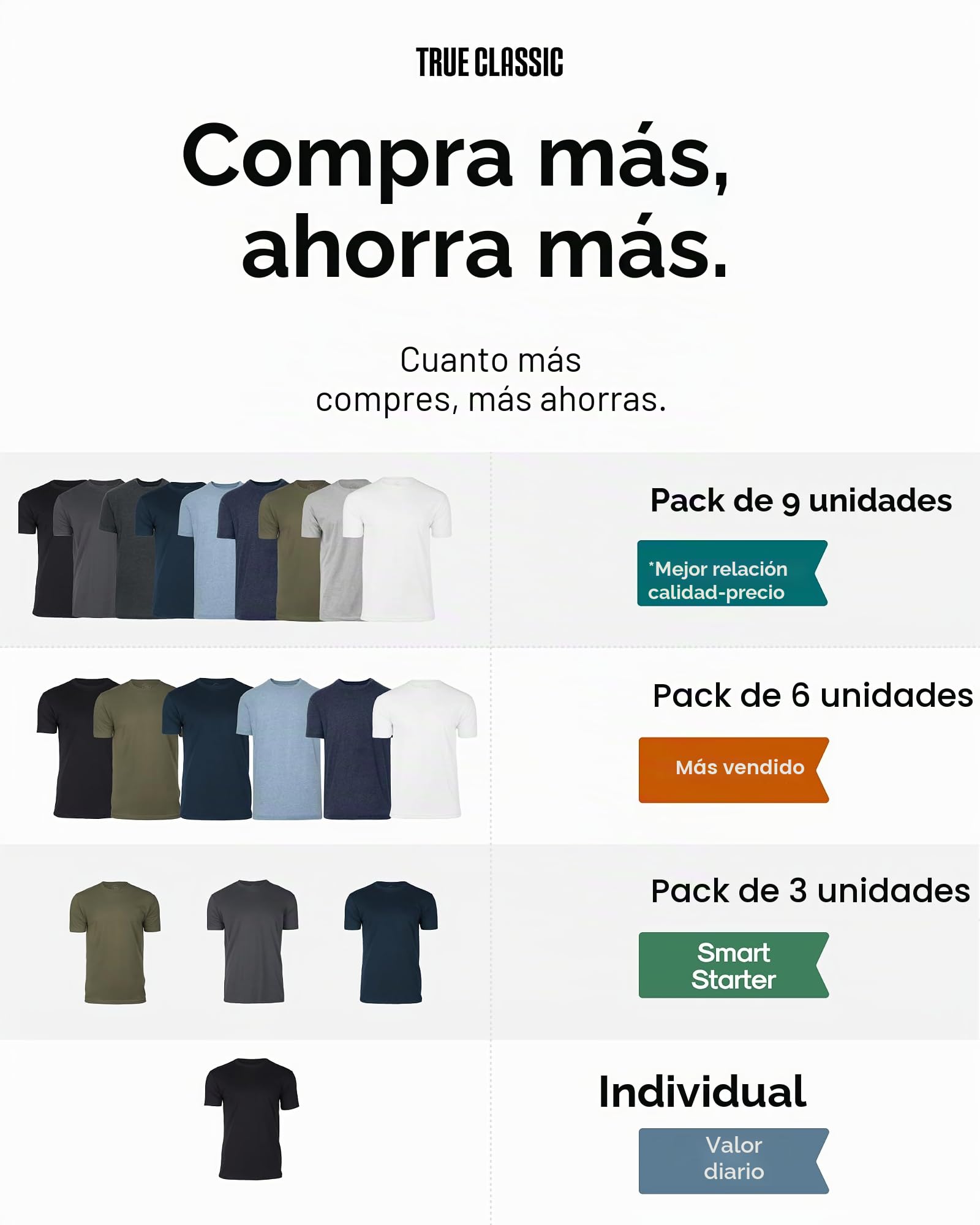 True Classic Short Sleeve Classic Crew Camiseta Hombre (Pack de 1)