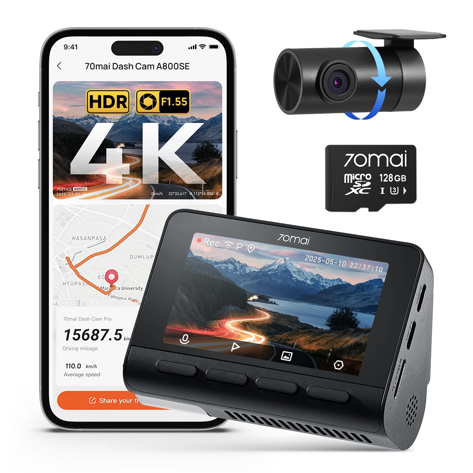 70mai A800SE Dashcam Auto Delantero Trasero 4K HDR 2160P+1080P con tarjeta SD de 128 GB, doble cámara de coche 3 pulgadas IPS, apertura F1.55 visión nocturna, 210 segundos, grabación previa de