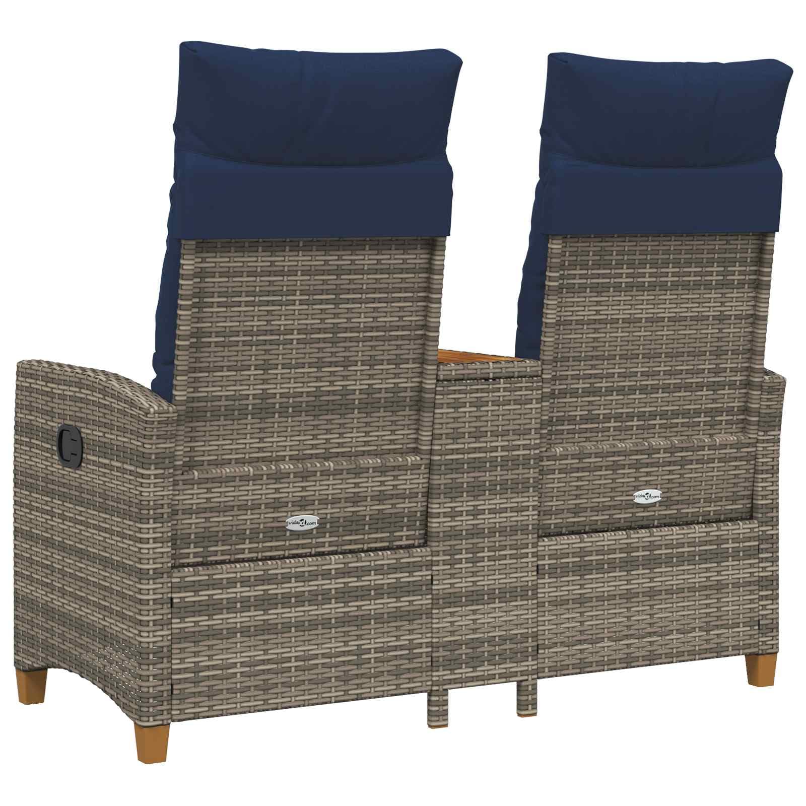 Gartenbank mit integriertem Tisch, Rattan-Optik Sitzbank mit Verstellbarer Rückenlehne, Poly-Rattan Liegebank für Terrasse und Garten, Grau und Marineblau, 126 x 65 x 112 cm