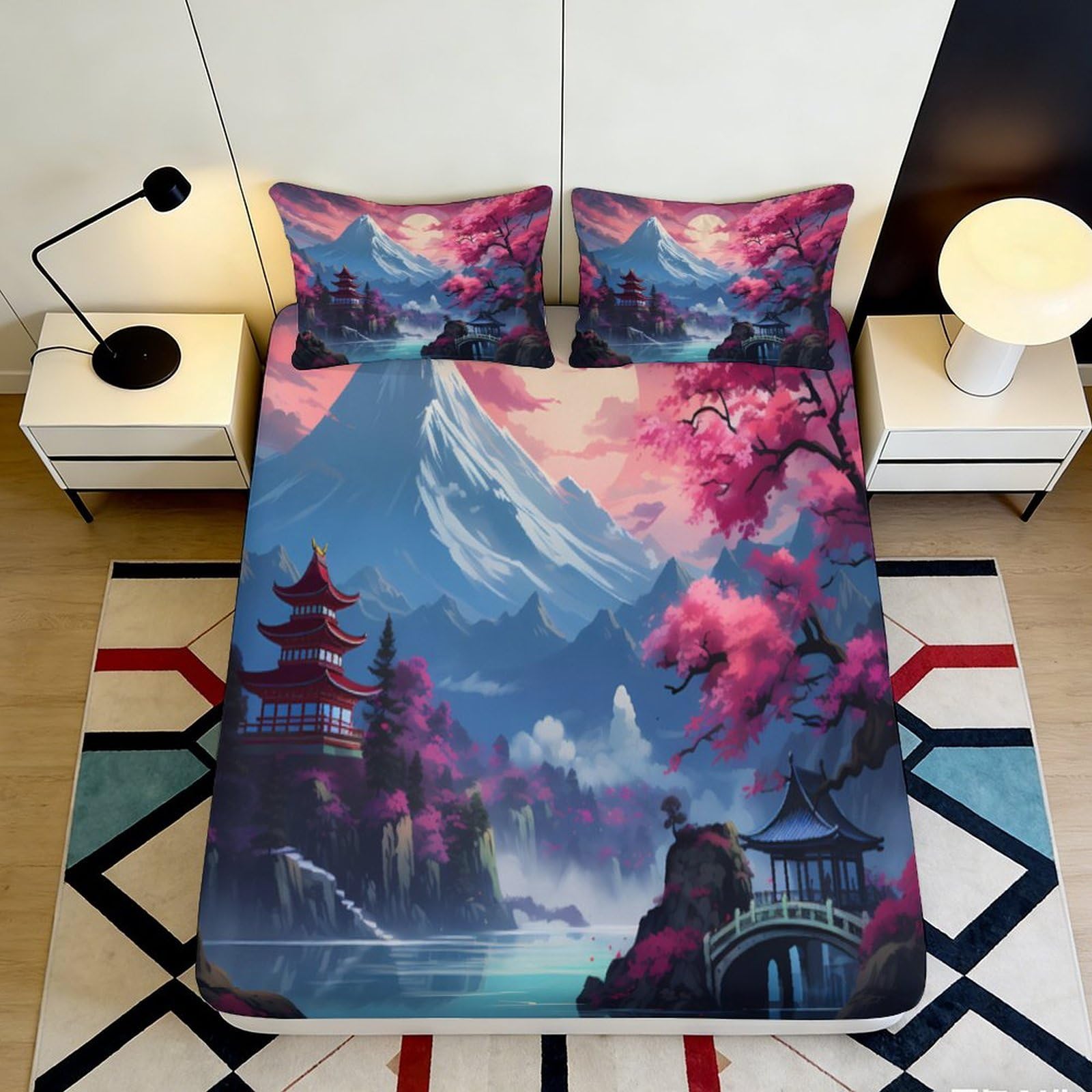 3D Printed Sakura Mountain Fitted Sheet Microfiber Soft Pagoda Landscape Bed Cover for Bedroom Dorm Decor Protection 90x200x25cm
