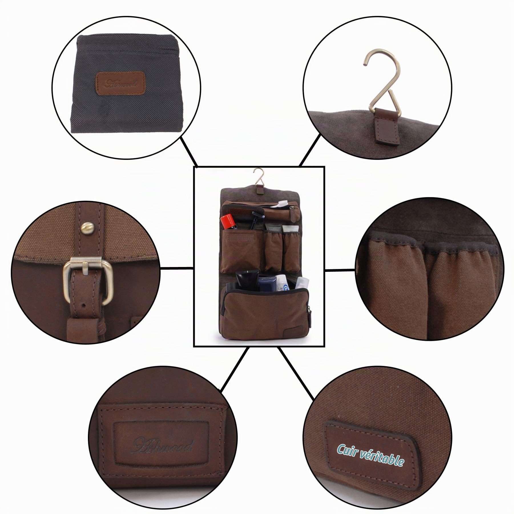 Ashwood - Trousse de Toilette Homme Cuir - Sac Cosmétique Voyage avec Poignée - Sac de Lavage/Rasage Moyen - 7010 - Marron (Mud)