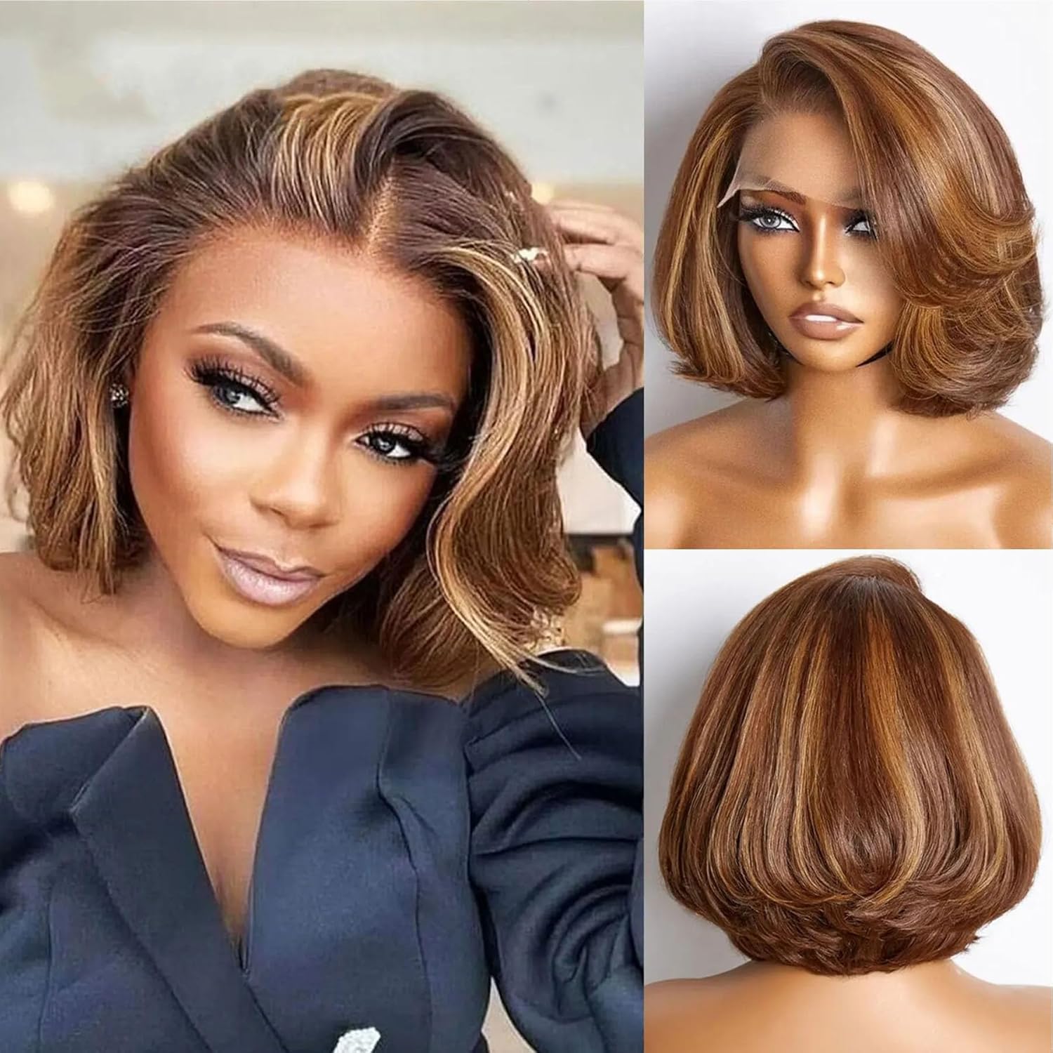 Ombre Honey Brown Highlight #1B/4/27 Short Bob Wig 13X4 HD Lace Front Wig with Baby Hair Natural Wave Pre Plucked Virgin Human Hair Glueless Brazilian Remy 150% Density for Black Women 14"
