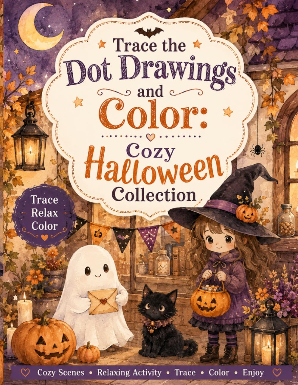 Trace the Dot Drawings and Color: Cozy Halloween Collection: Trace Cute Halloween Scenes, Then Color Friendly Ghosts, Pumpkins, Witches, and Cozy ... Adults Halloween coloring book Learn to trace