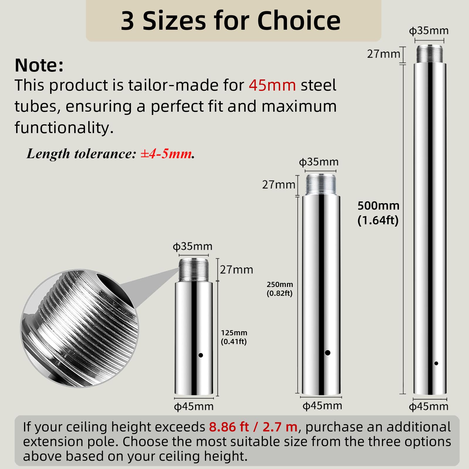 Prolunga per pole dance da 45 mm – 125/250/500 mm, facile da installare, collegamento liscio, prolunga cromata per palo da ballo