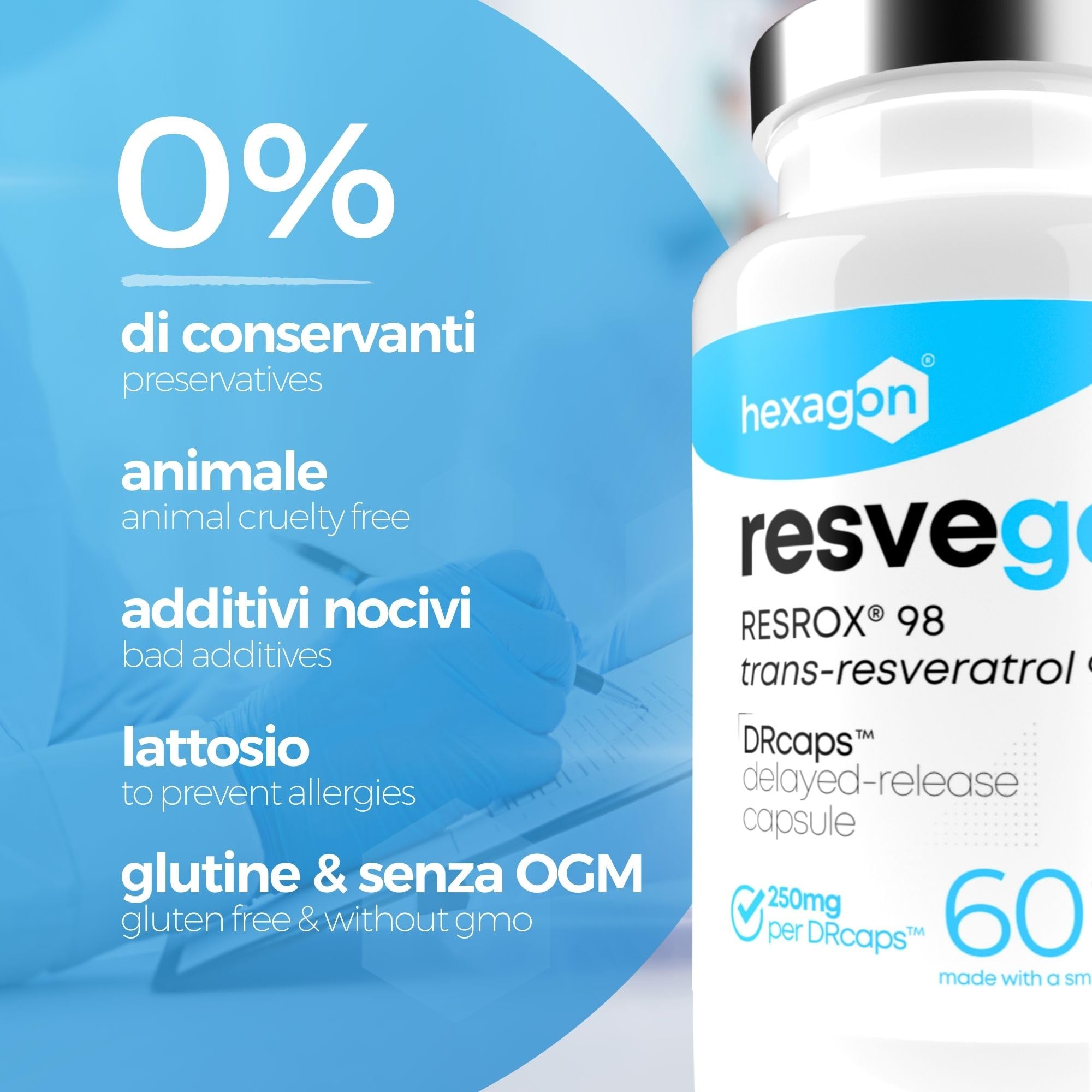 Resveratrolo - Trans-Resveratrolo 98% RESROX® - 60 Capsule DRcaps™ a rilascio ritardato, 250 mg - Alta disponibilità - Potente antiossidante e Anti-Invecchiamento - Made in France - Vegan - Hexagon
