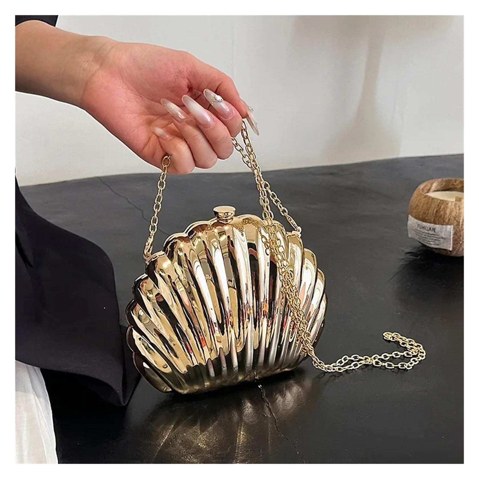 Abendtaschen Muschelform Damen Clutch Hochzeit Braut Handtasche Perlen Mode Muschel Kette Party Taschen(Silver)