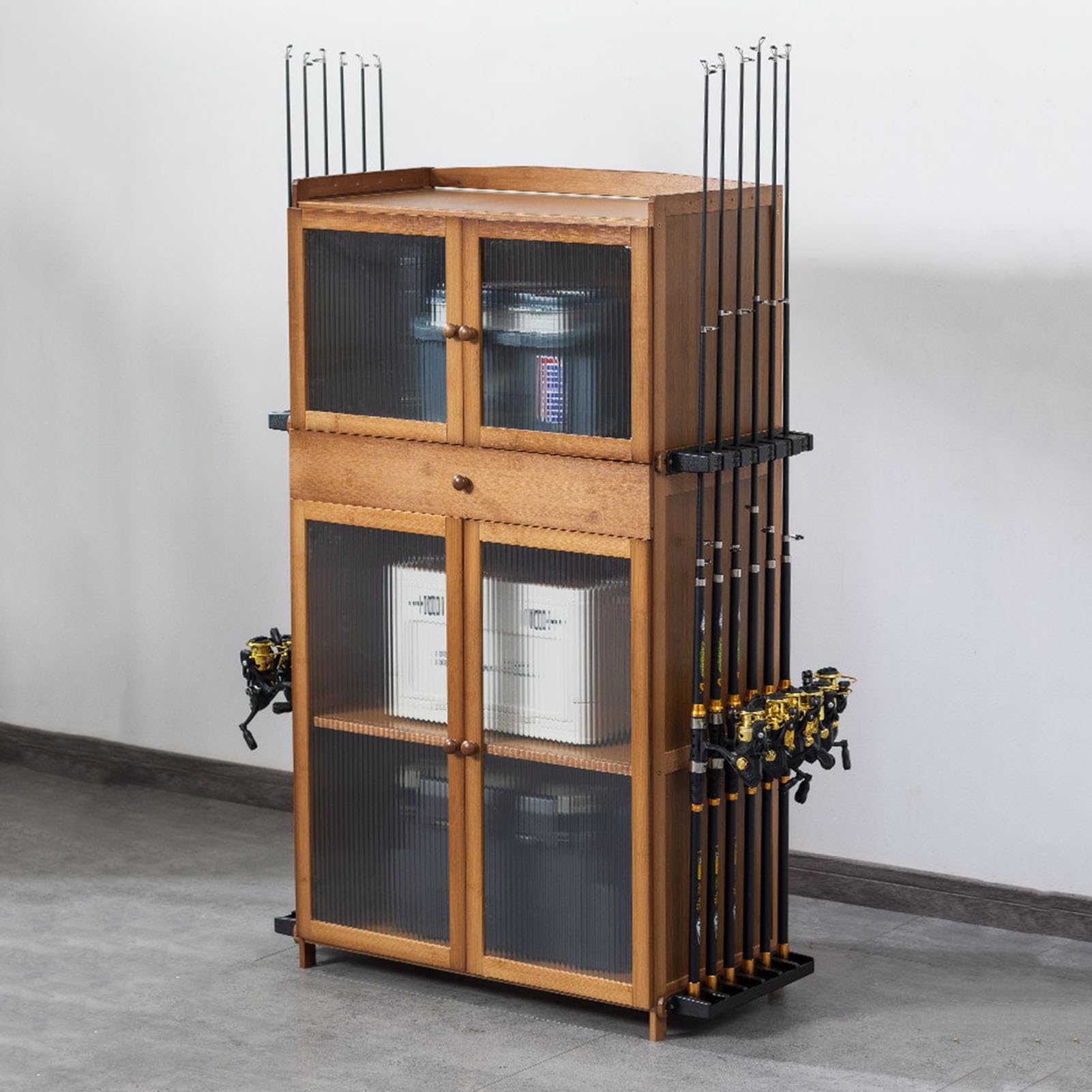 Boîte de rangement et support de matériel de pêche en bois avec tiroir