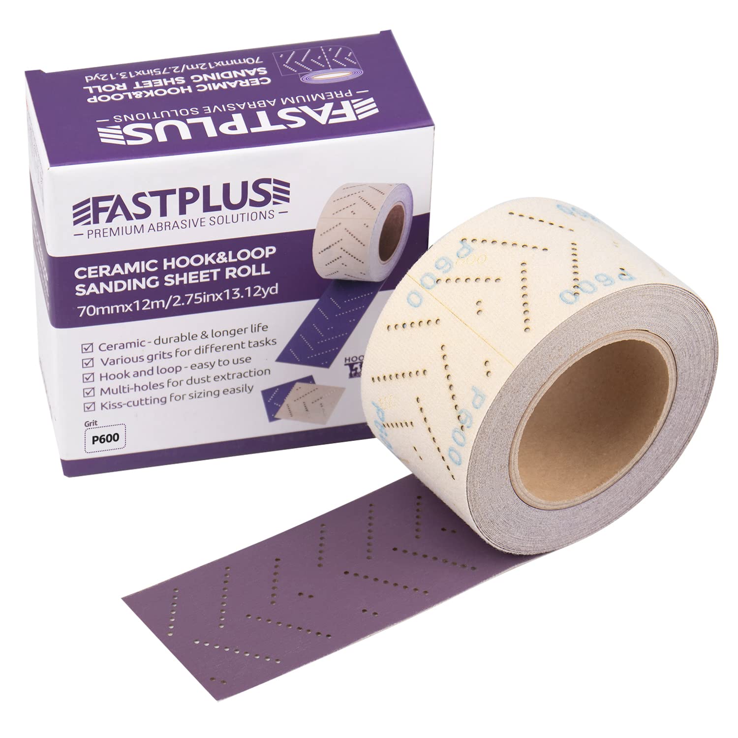Rotolo di fogli abrasivi, rotolo di carta abrasiva, in ceramica viola, con fori a zigron, 70 mmx12 m, per levigatura del legno, rimozione del rivestimento, riparazione del corpo, grana 600
