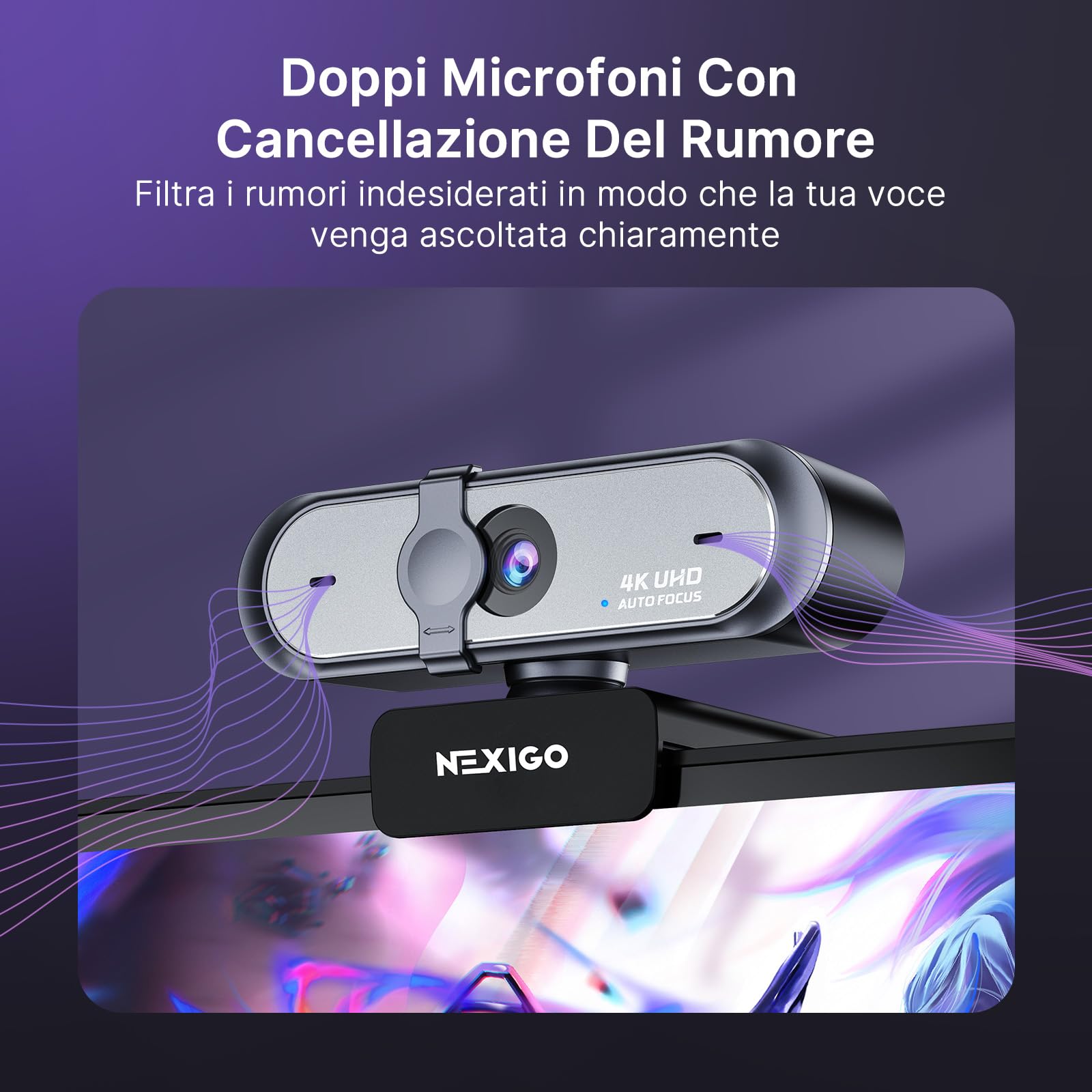 NexiGo N660P Pro Webcam 4K Con Lente Senza Distorsione, 1080P 60 FPS Autofocus, 3DNR, Microfoni Riduzione Rumore E Copertura Privacy, Webcam Gaming Streaming PC Mac Switch 2, Nero