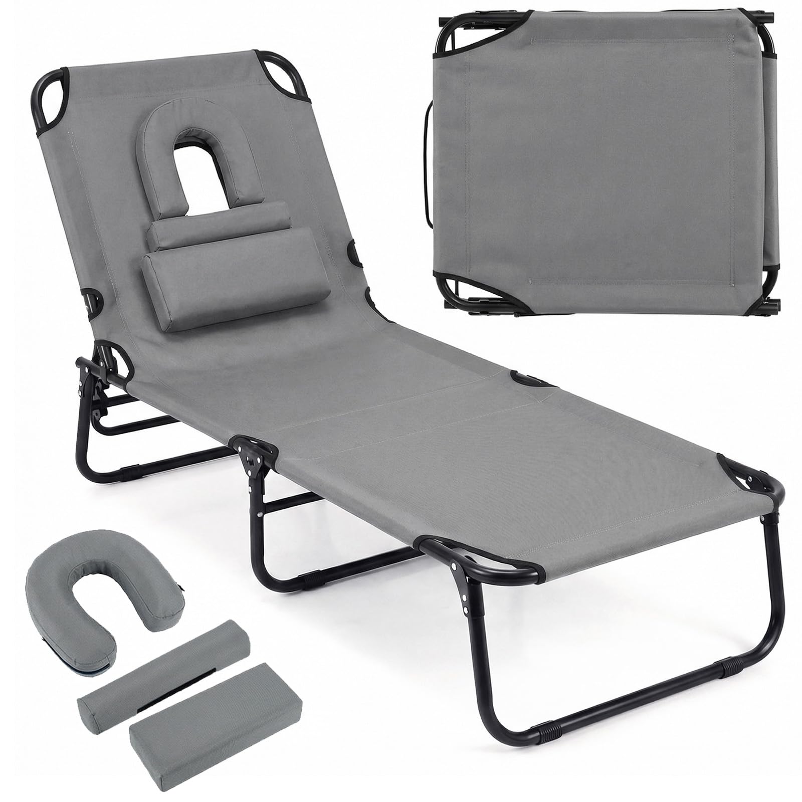 RELAX4LIFE Folding Sun Lounger, 5-Position Adjustable Outdoor Chaise Lounge Chair with Face Hole & 3 Removable Pillows, Beach Face Down Tanning Reclining Sunbed Deck Chair for Garden Patio (Grey)
