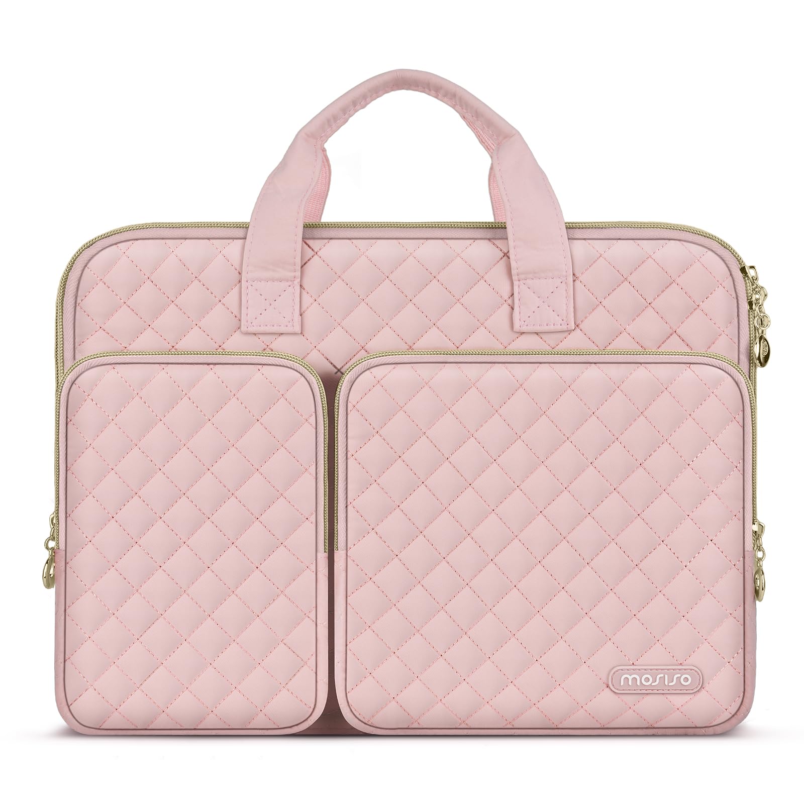 MOSISO 360 Protective Laptop Case 13.3 inch, 13-13.3 inch Laptop Sleeve Compatible with MacBook Air/Pro 13/Pro 14,HP Dell ASUS Lenovo, Square Quilted Bag Cover with 2 Pockets&Handle&Belt, Chalk Pink