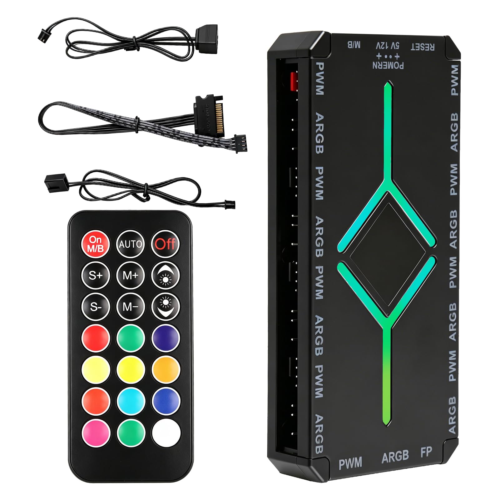 Hub de Ventiladores PC 2 en 1 ARGB PWM con Controlador Inalámbrico | 9 Puertos PWM 4-Pin y 9 Puertos ARGB 5V 3-Pin, Base Magnética, Alimentación SATA para Iluminación RGB y Refrigeración