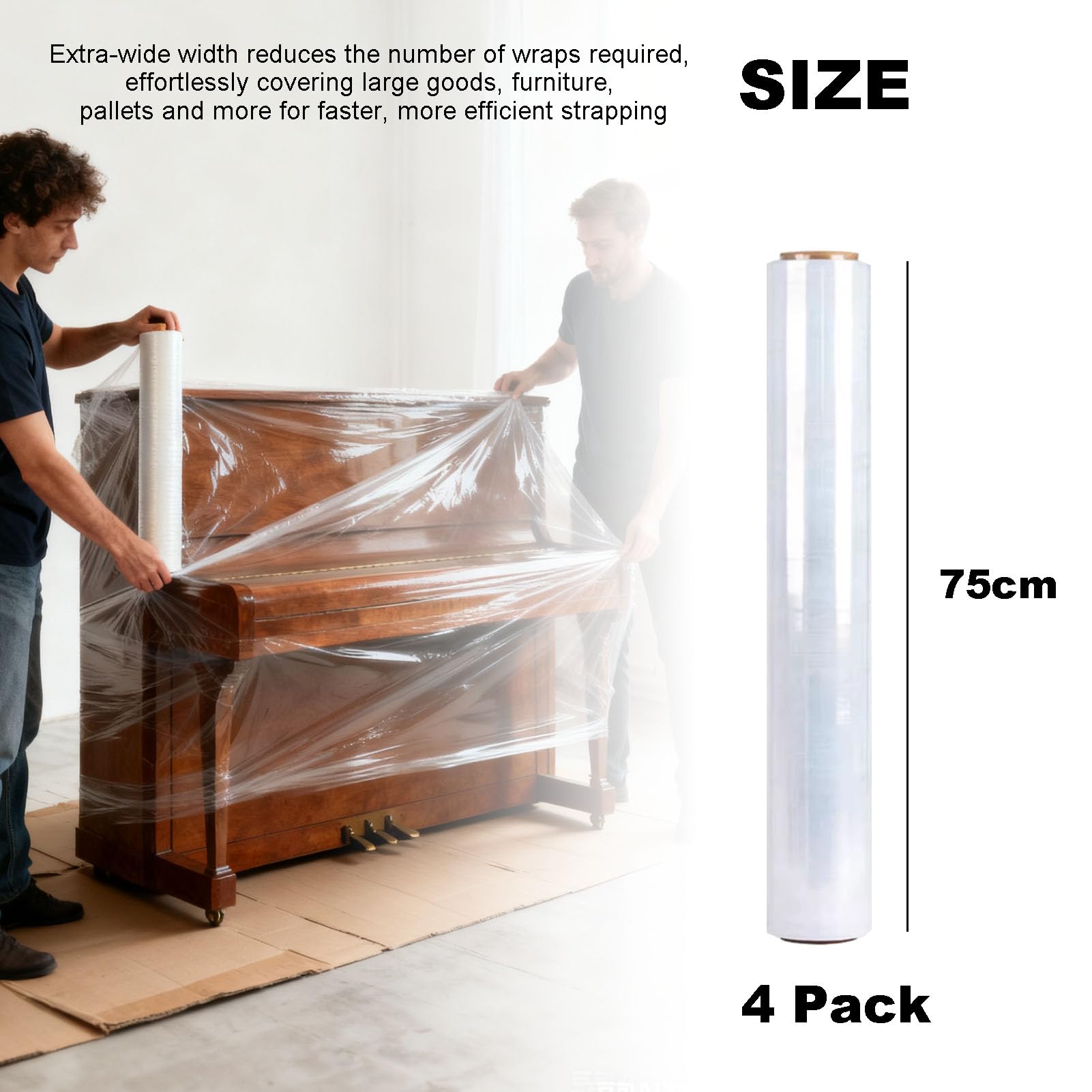 4 Rollos Film Estirable 75 cm Transparente, Resistente Estirable Film para Mudanzas, Retractil de Plástico Film para Paletizar Hogar Almacenes Comercios Transportes(Size:4pack 75cm)