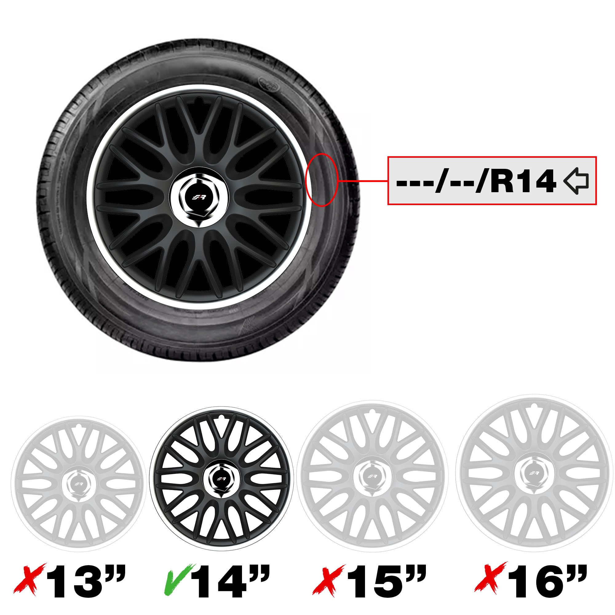 Simoni Racing ORD/14S, Set 4 Copricerchi universali Orden S da 14" pollici, Copriruota auto Nero