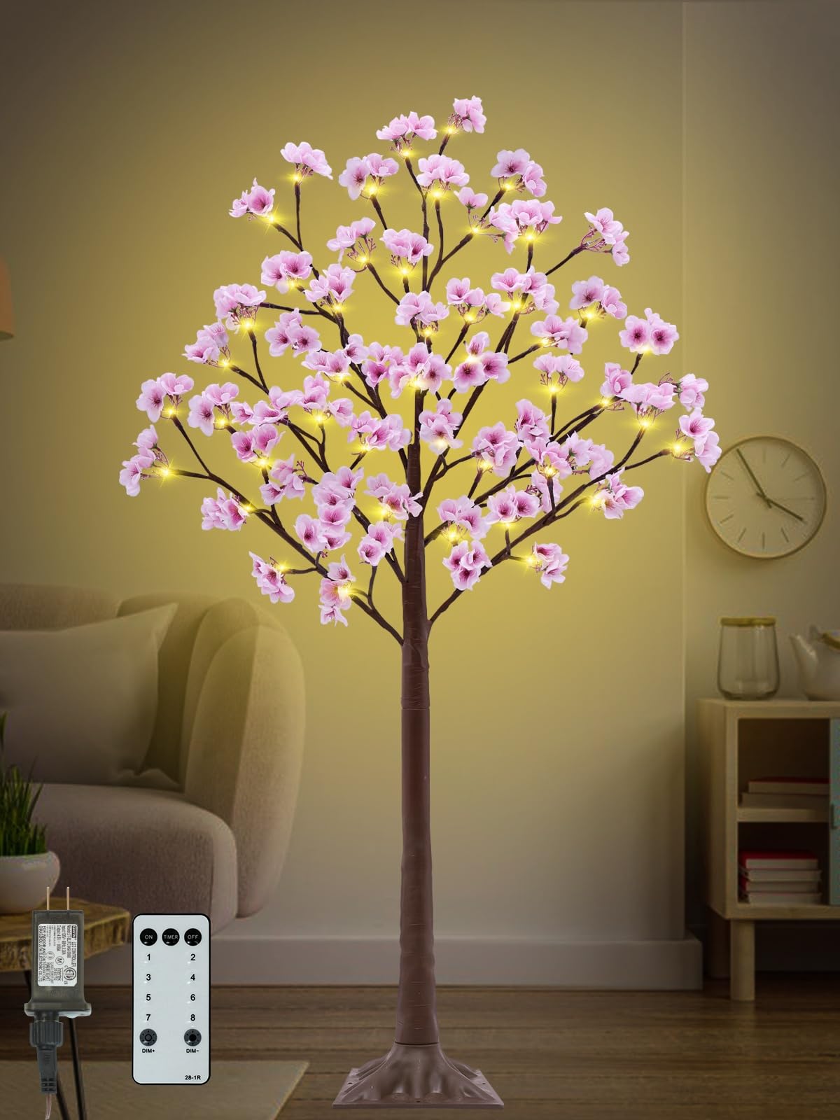 4FT Cherry Blossom Tree with 56 LED Lights, 168 Lush Pink Flowers, Artificial Lighted Cherry Blossom Tree with Remote 8 Modes, Timer for Spring Wedding Party Valentines Indoor Outdoor Decoration