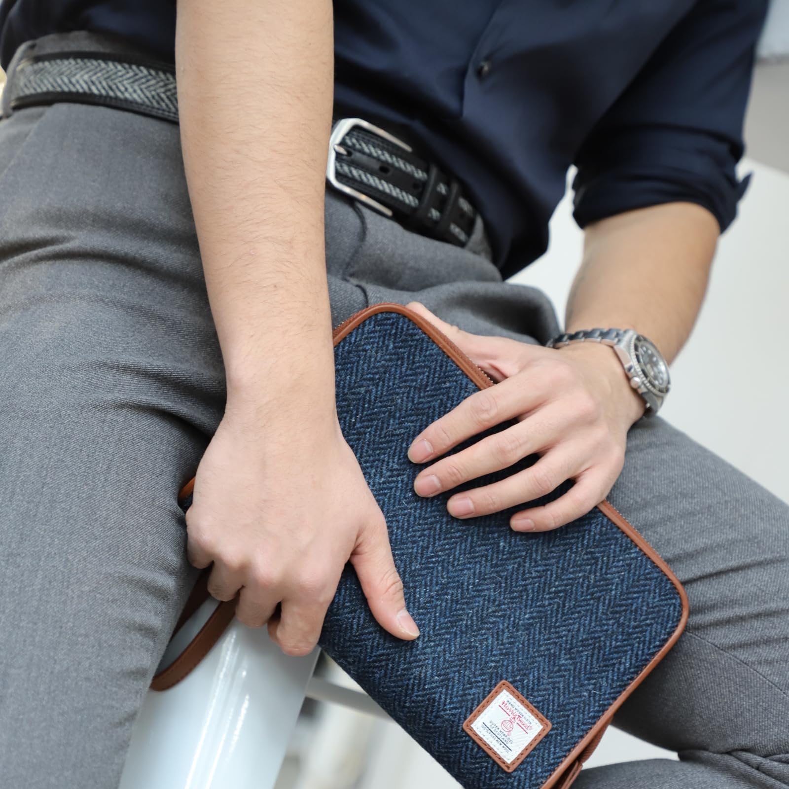 TAILORMAP Harris Tweed - Pochette da uomo in lana e pelle, borsa da polso da lavoro, grande borsa a busta