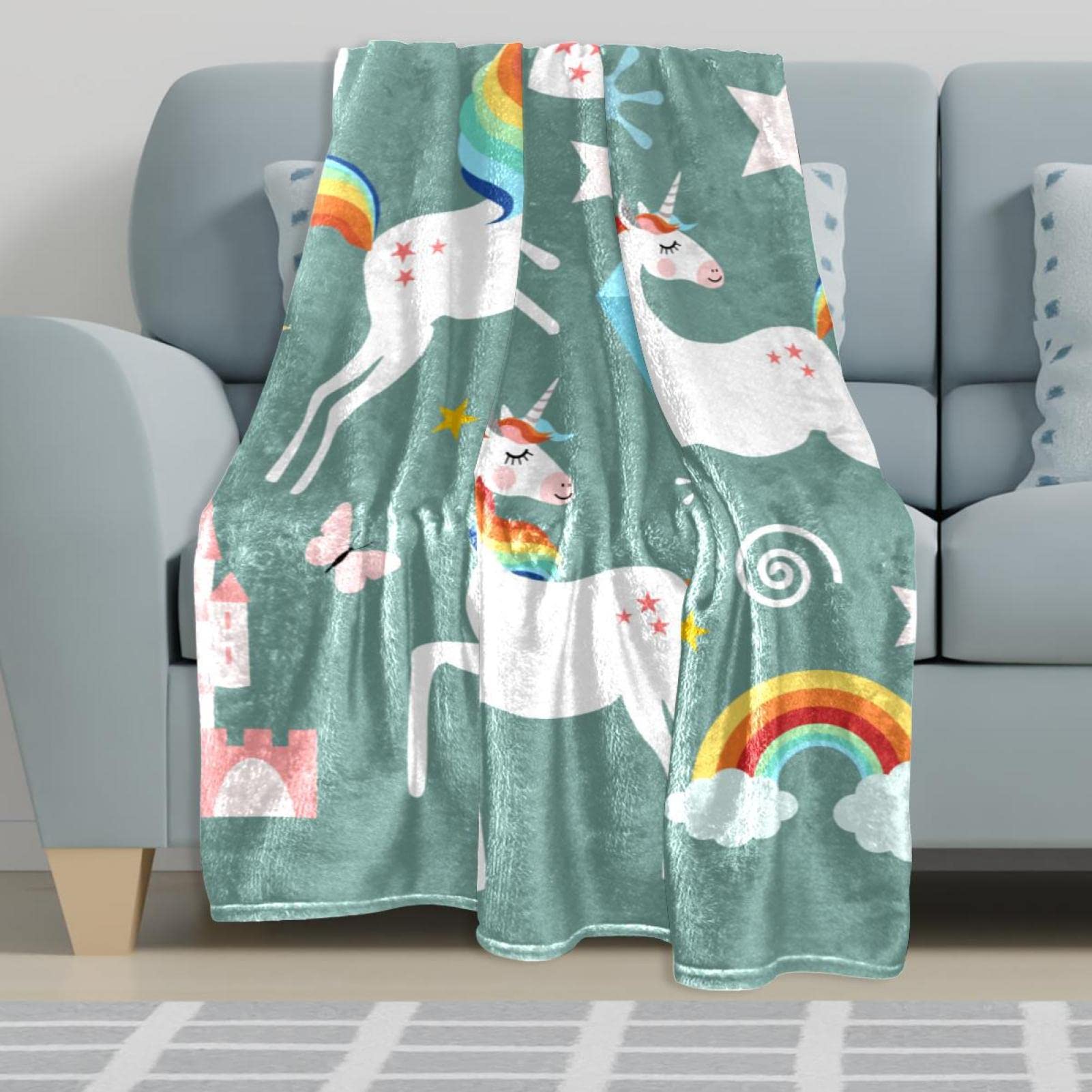 Coperta in pile Sherpa, per letto singolo, 127 x 152,4 cm, con unicorno glitterato, per letto, divano, bambini, ragazze, decorazione floreale con unicorno, coperta in peluche carina arcobaleno