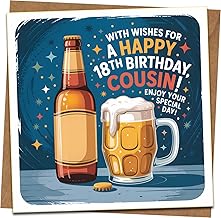 Happy 18th Birthday Cousin Card – Beer Bottle & Beer Mug Design – Funny Birthday Greeting for Him – 145mm x 145mm – Kraft Envelope Included