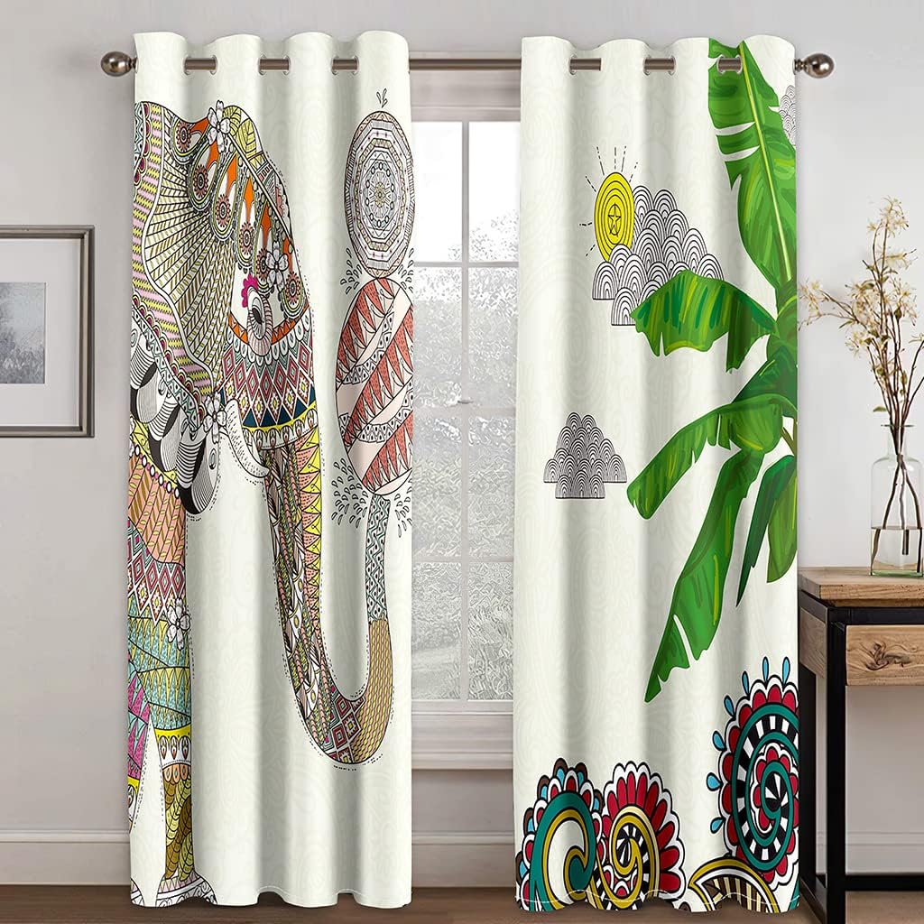 YELDAN Elephant Curtains 39 Inches Long 2 Panel Sets, Boho Blackout Bedroom Living Room Curtains & Drapes, Room Darkening Curtains Thermal Insulated Printed Window Treatment Drape Curtains
