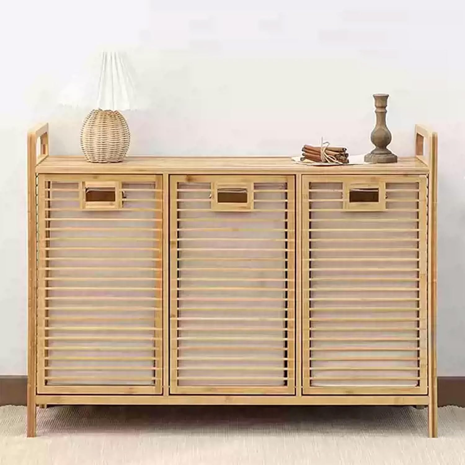 1 2 3Door Bathroom Laundry Cabinet with Shelf Bamboo Laundry Sorter Laundryhamper Cabinet Organizer Towel Storage w/Tilt Out Basket for Laundryroom Living Room Bedroom(Single Door with crosspieces)