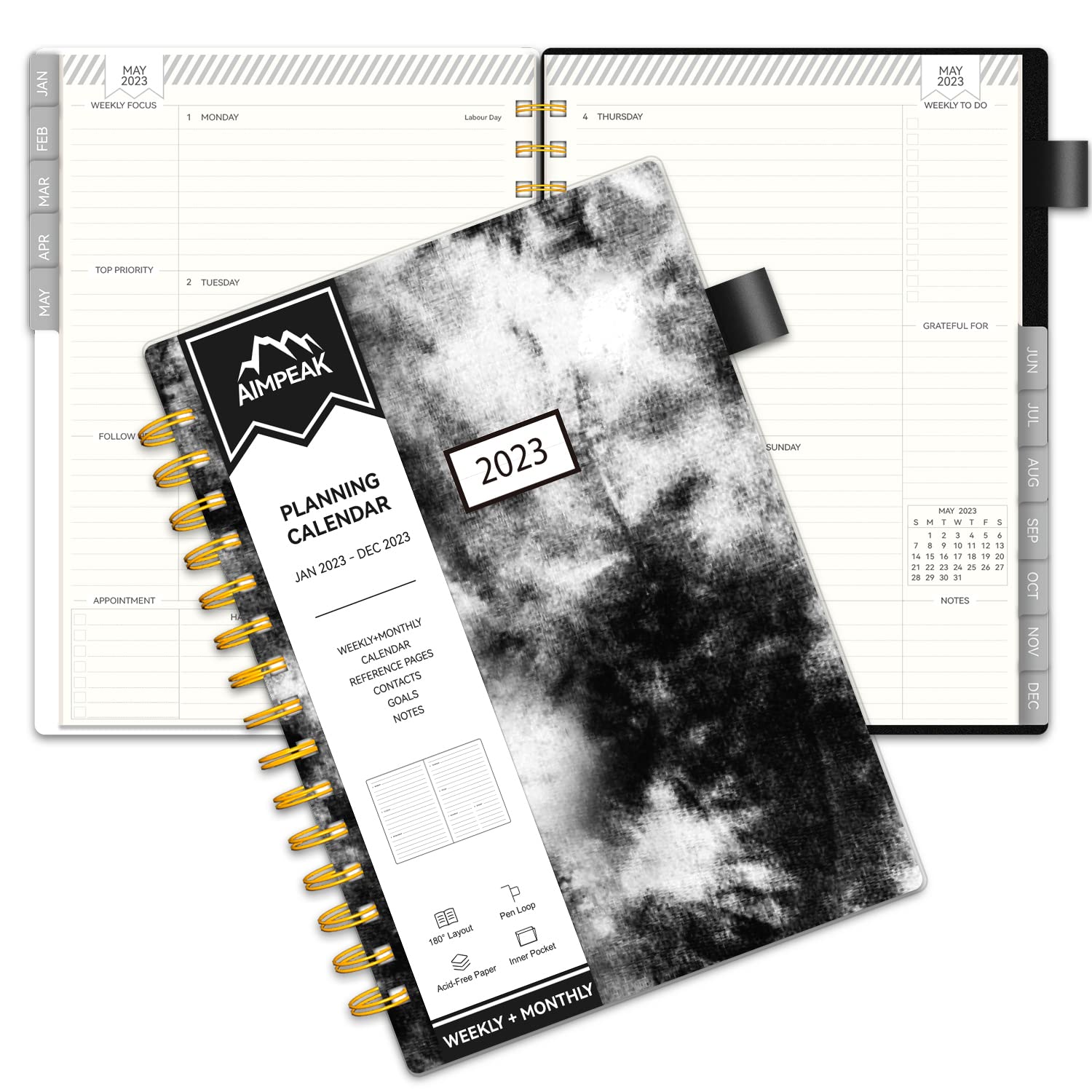 2023 Weekly and Monthly Planner, AIMPEAK Weekly Planner 2023 with Tabs, 2023 Daily Planner with Inner Pocket, Pen Loop, Flexible Cover，Spiral Binding, Jan. 2023 - Dec. 2023, Black Marble(5.5"x8.5")