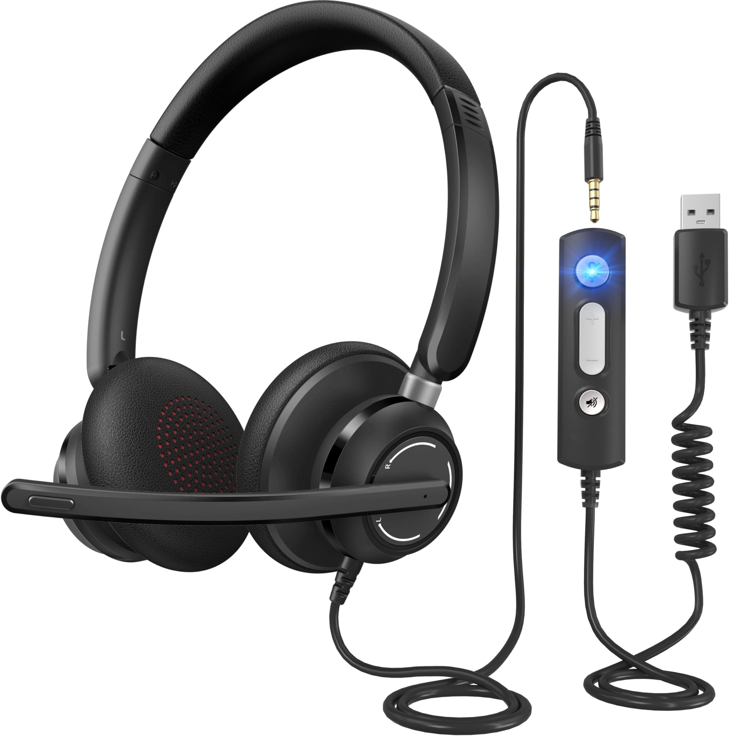 Wired Headphones with Microphone for PC, On-Ear Computer Laptop USB Headset with Noise Cancelling Microphone in-line Control for Home Office Online Class Skype Zoom, (3.5mm + USB)