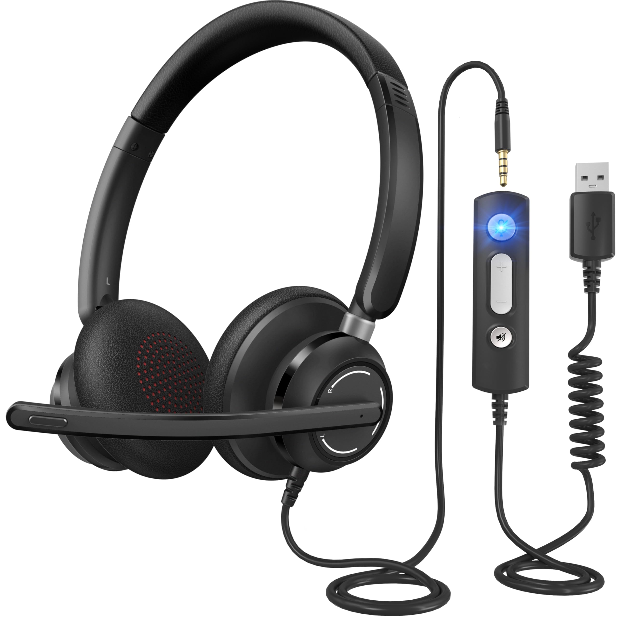 Wired Headphones with Microphone for PC, USB Headset with Microphone for PC with Noise Canceling Mic, Computer Headset with in-line Controls for Zoom, Skype, Call Center, Office (USB+3.5mm)