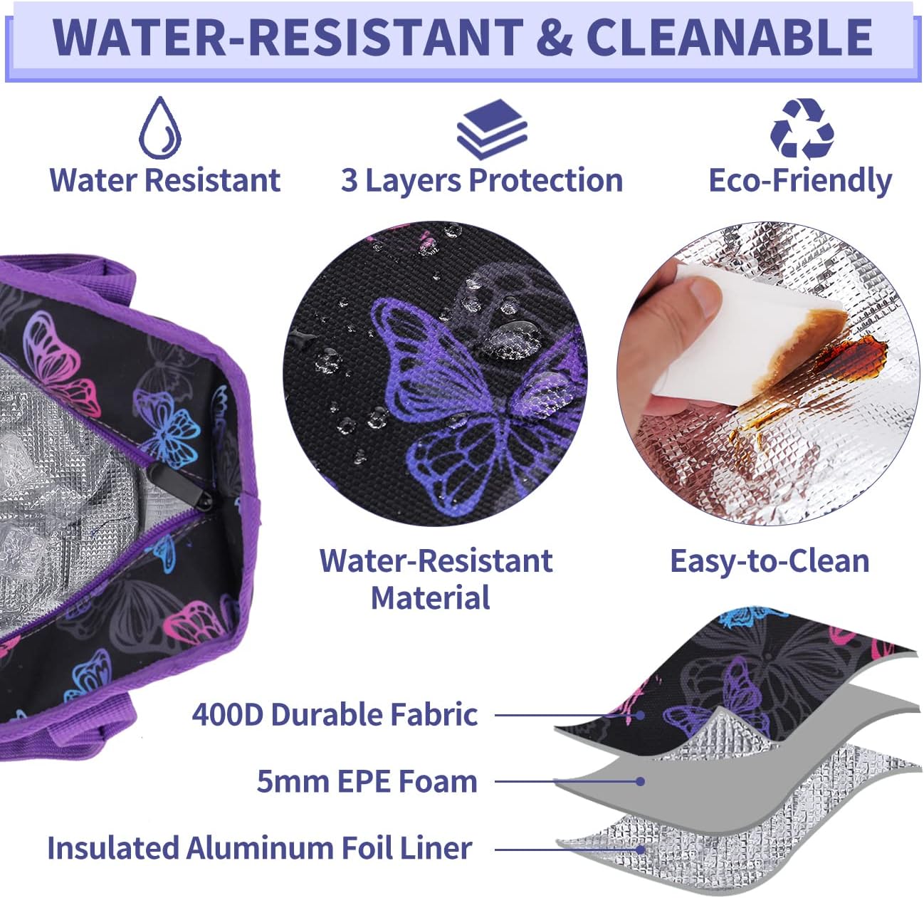 Lunch Bags for Women,VONXURY lnsulated Thermal Adult Lunch Box Large High-capacity Cooler Lunch Tote with Detachable Shoulder Strap for Work College Travel Picnic (Black Butterfly) - Image 5