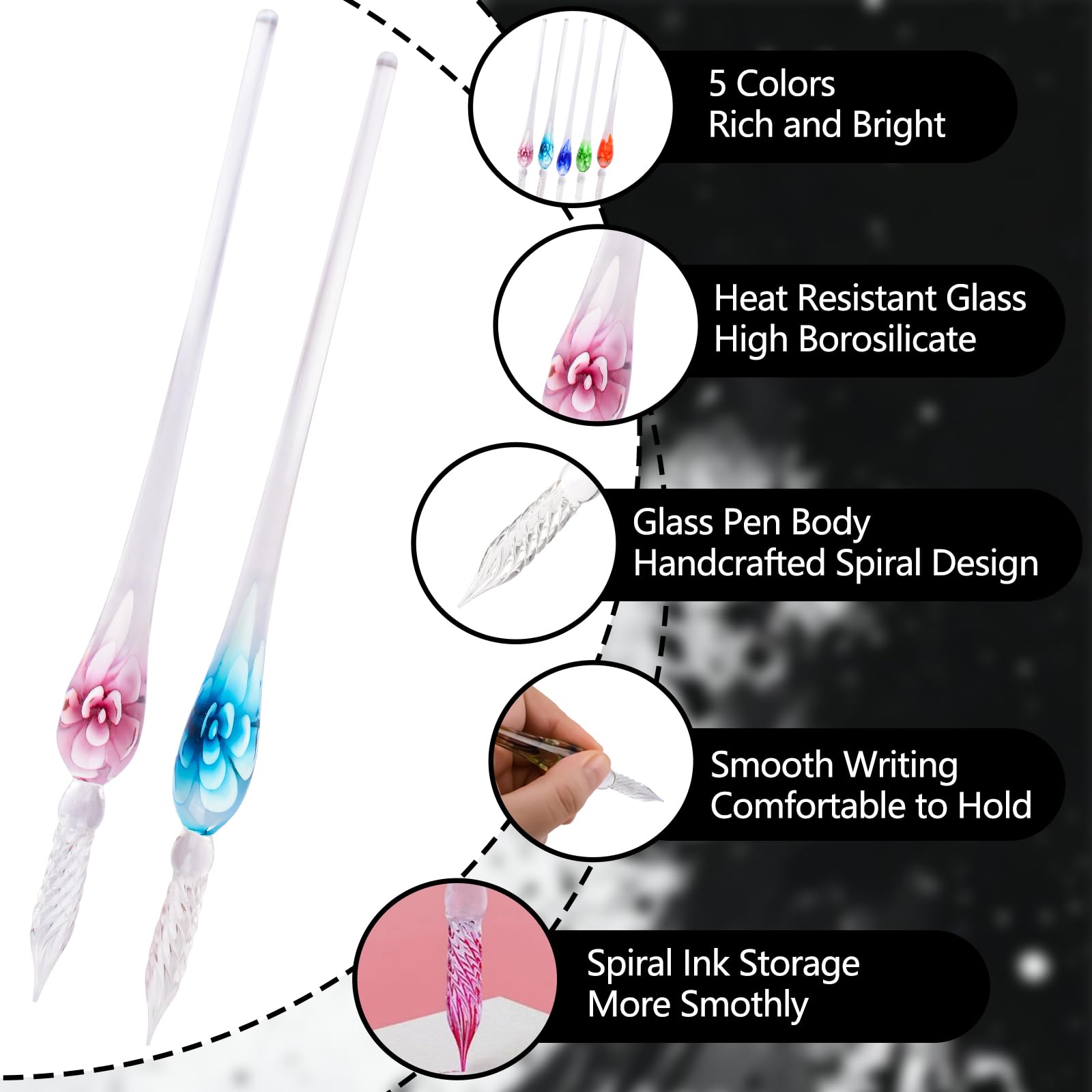 WANDIC Handmade Stained Glass Dip Pen, 5Pcs Colorful Crystal Flower Pen Kit with Holders Rainbow Crystal Pen for Art, Signature, Writing, Drawing, Lettering - Image 3
