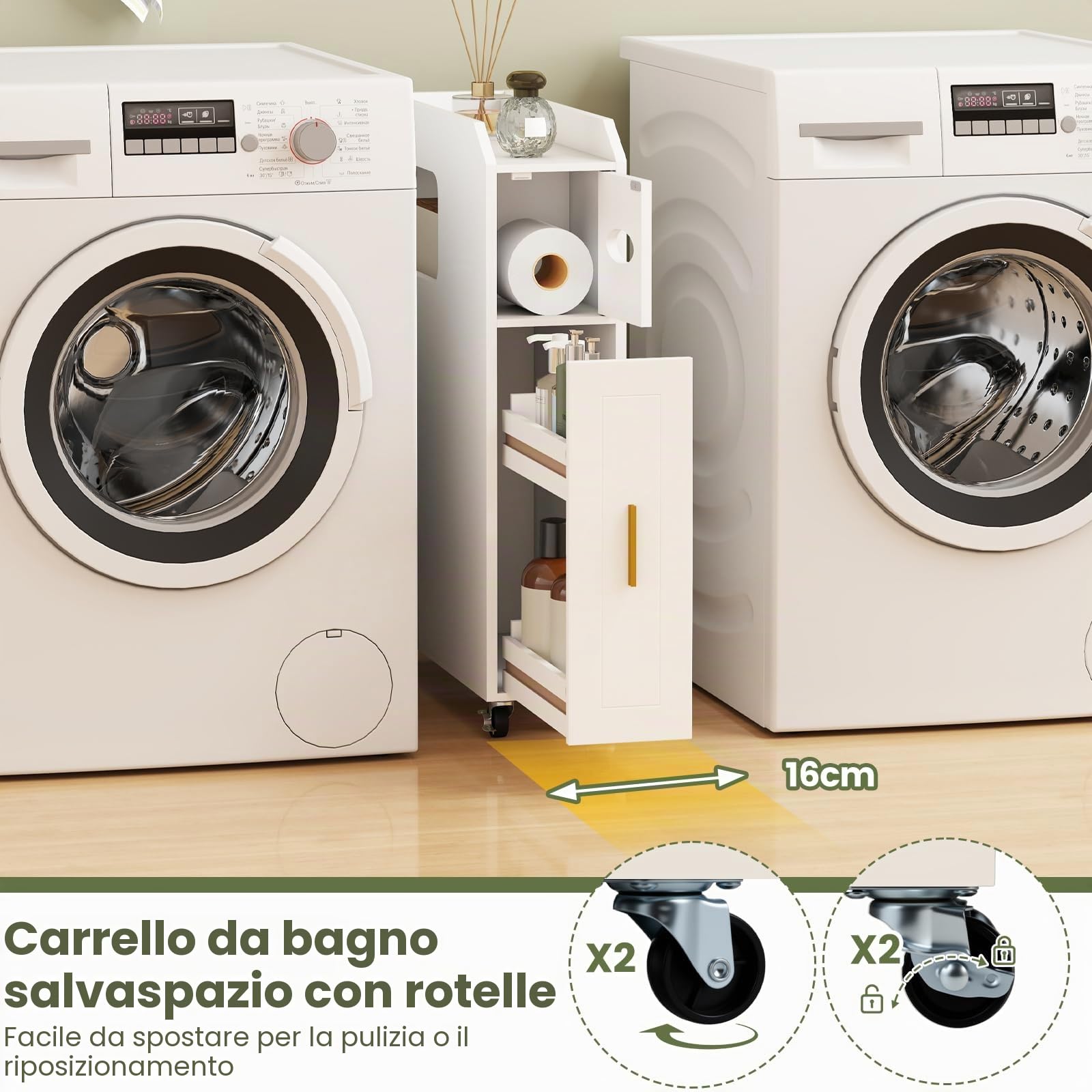 GIANTEX Piccolo Mobile da Bagno 16 cm, Armadietto da Bagno Stretto, Porta Carta, Porta Spazzola, Mobile WC Compatto con Cassetto e Ruote, Organizzazione del Bagno per Spazio Piccolo, Bianco