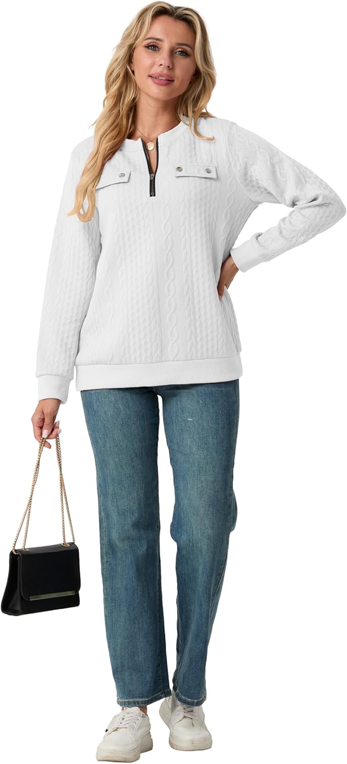 Womens Sweatshirts Casual Crew Neck Long Sleeve Quarter 1/4 Zip Quilted Pullover Lightweight Textured Solid Fall Tops - Image 4