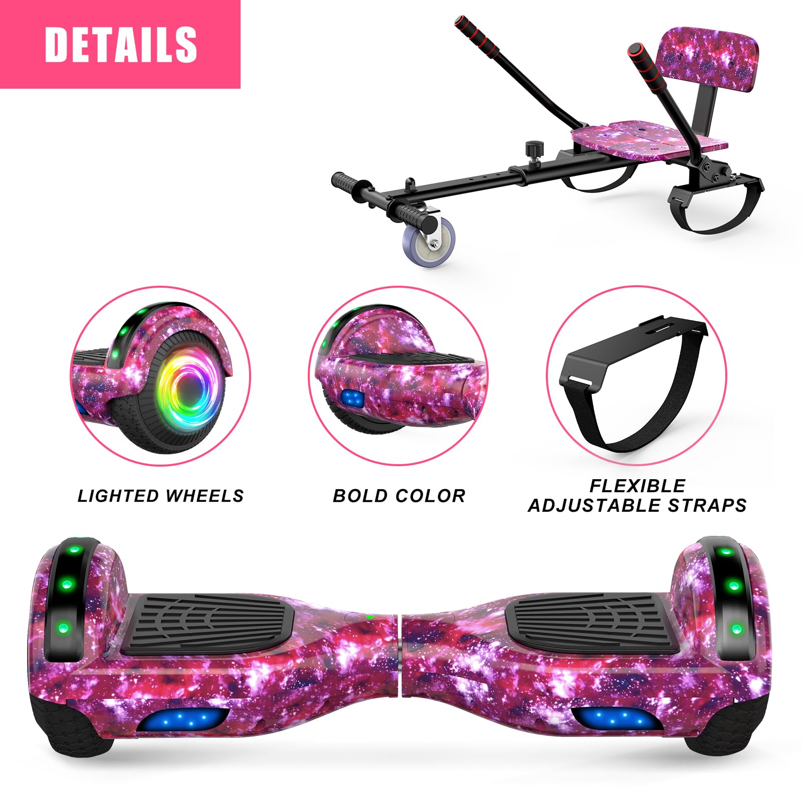 Hoverboard con asiento, tabla flotante autoequilibrada de 6,5" con altavoces Bluetooth y luces LED para niños y adultos