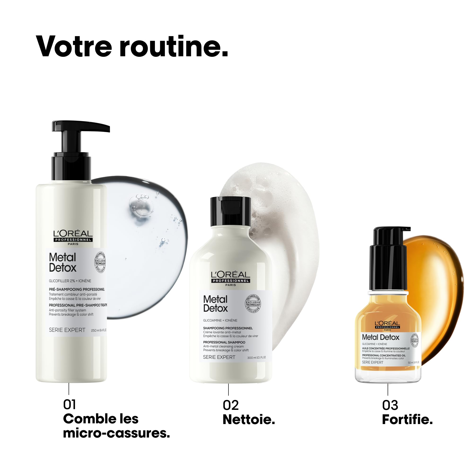 L'OREAL PROFESSIONNEL - Routine Pour Cheveux Abîmés & Cassants - Metal Detox - -99% de Casse - Cheveux Hydratés & Brillants - Pré-Shampoing (250ml) + Shampoing (300ml) + Huile (50ml)