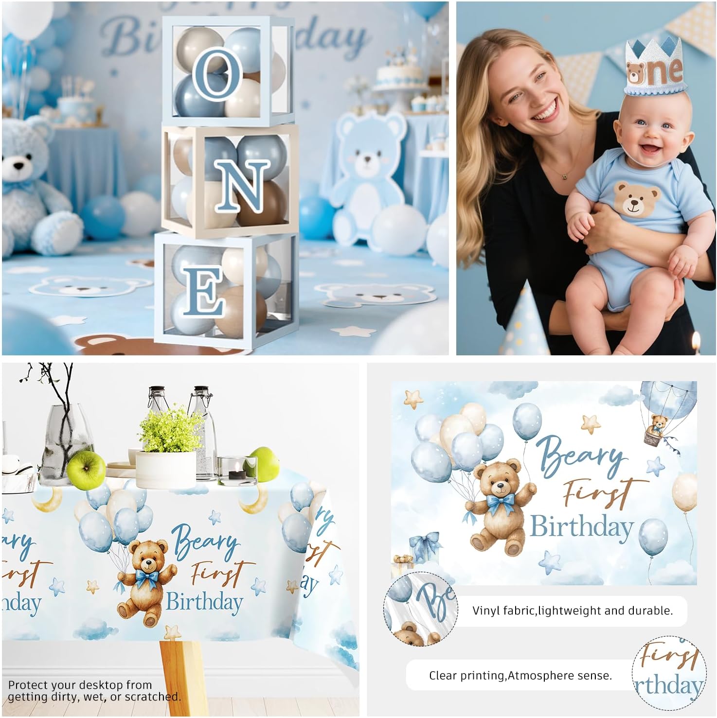 232 Pcs Beary First Birthday Decorations, Teddy Bear One Year Old Birthday Balloon Garland, Banners, Baby First Teddy Bear Backdrop, Plates and Napkin Set 2 Pcs Bear Tablecloth Blue Brown and White