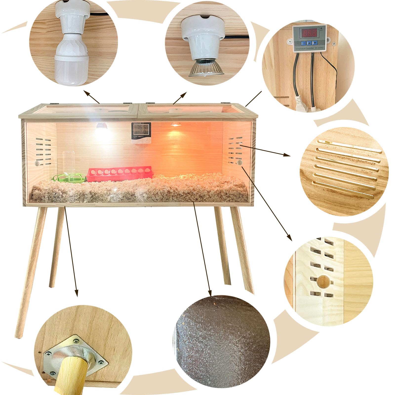 Caja de cría para pollitos, incubadora de pollitos, kit de caja de cría de pollitos con calor, caja de cría de pollitos con puerta corredera, con termostato, patas de mesa, medidor de temperatura y