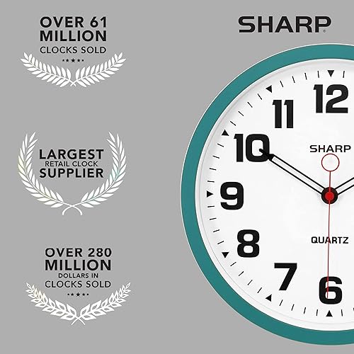 Miniatura 7 de SHARP Reloj de pared verde azulado mate de 12 pulgadas, silencioso, sin tictac, moderno, elegante, funciona con pilas, fácil de leer