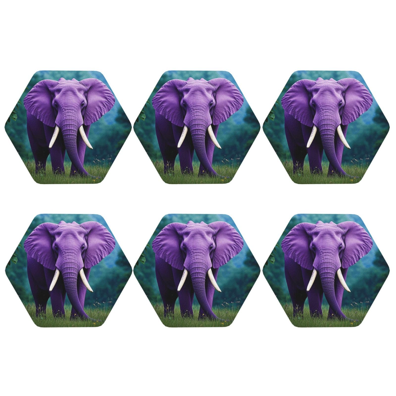 Mxdlkswpoh Hexagon Coasters Set Of 6 Waterproof Non-Slip Leather Drink Coasters Round Mug Mat Purple Elephant Coasters For Drinks Tabletop Protection Cup Pad For Coffee Table Bar Home Decor