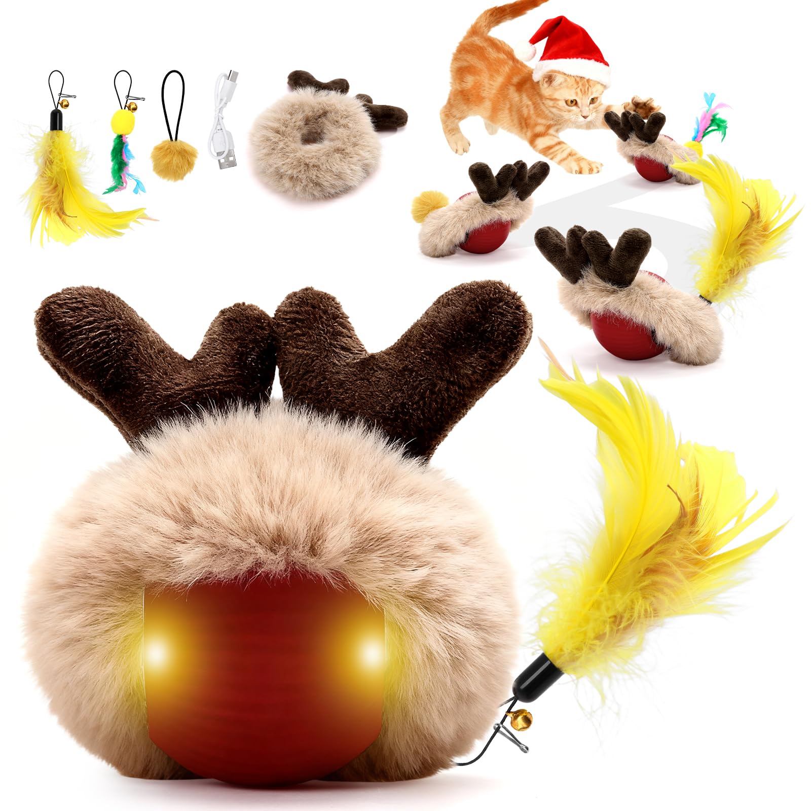 Starnearby Interaktives Katzenspielzeug Ball Speedy Tail 2.0 3.0 Katzenspielzeug Elektrisch Katzenball Powerball Weihnachten Spielball für Katzen Magic Ball Set mit Schwänzen (Rot)