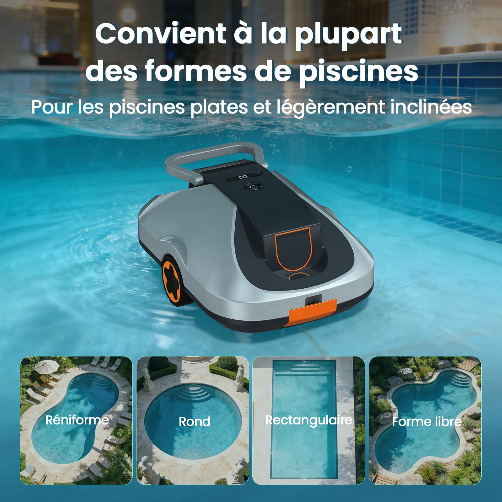 Robot Piscine sans Fil, Robot aspirateur Piscine sans Fil, 200Min d’Autonomie, Retour Automatique, Filtration Ultra-Fine, Navigation Intelligente, Compact et Portable pour Piscines Hors Sol 232 m²