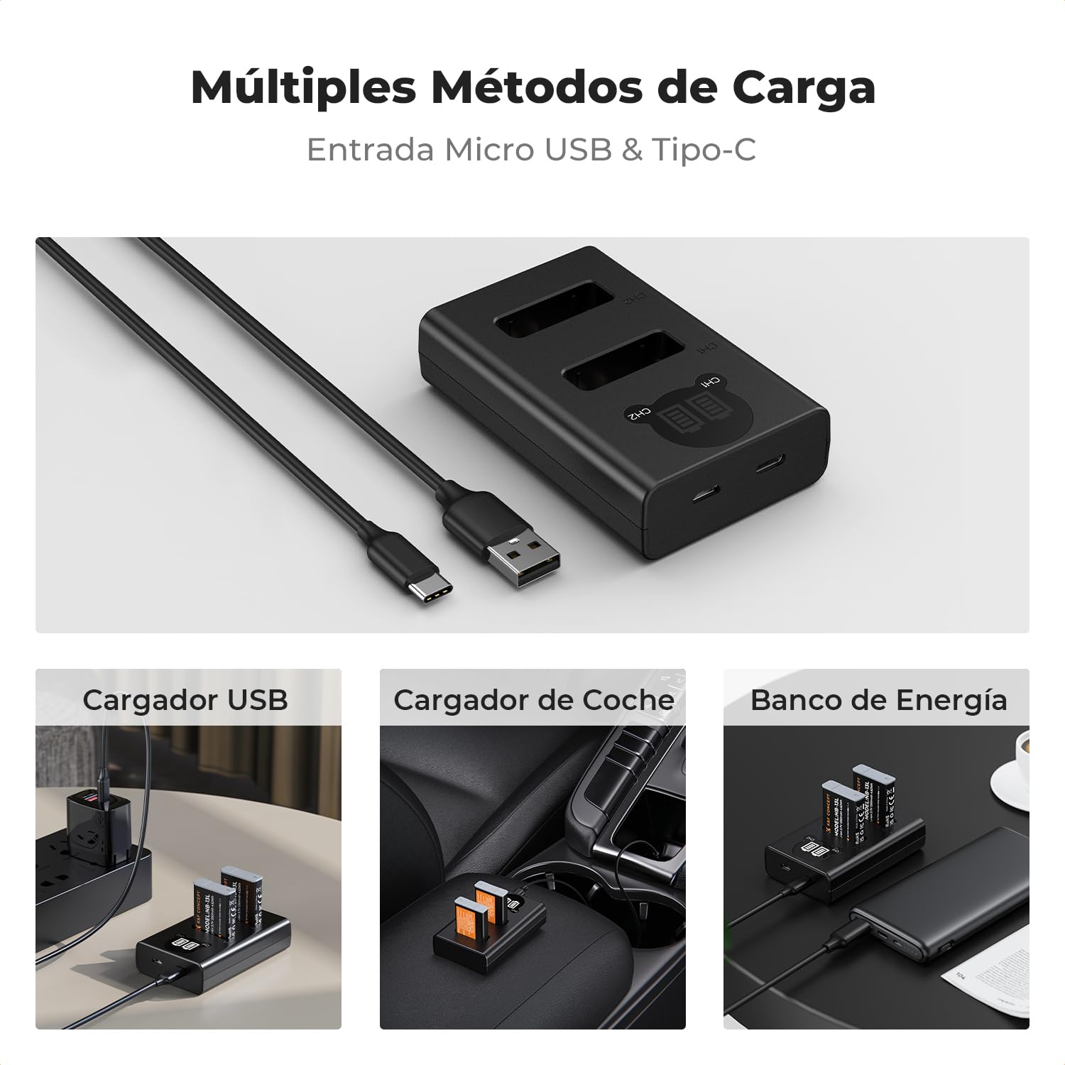 K&F CONCEPT NB-13L Batería de Repuesto 2-Pack con Cargador LCD Dual Slot, Compatible con Cámaras Canon EOS G7X3/G7X2/G9X/G5X/SX720HS