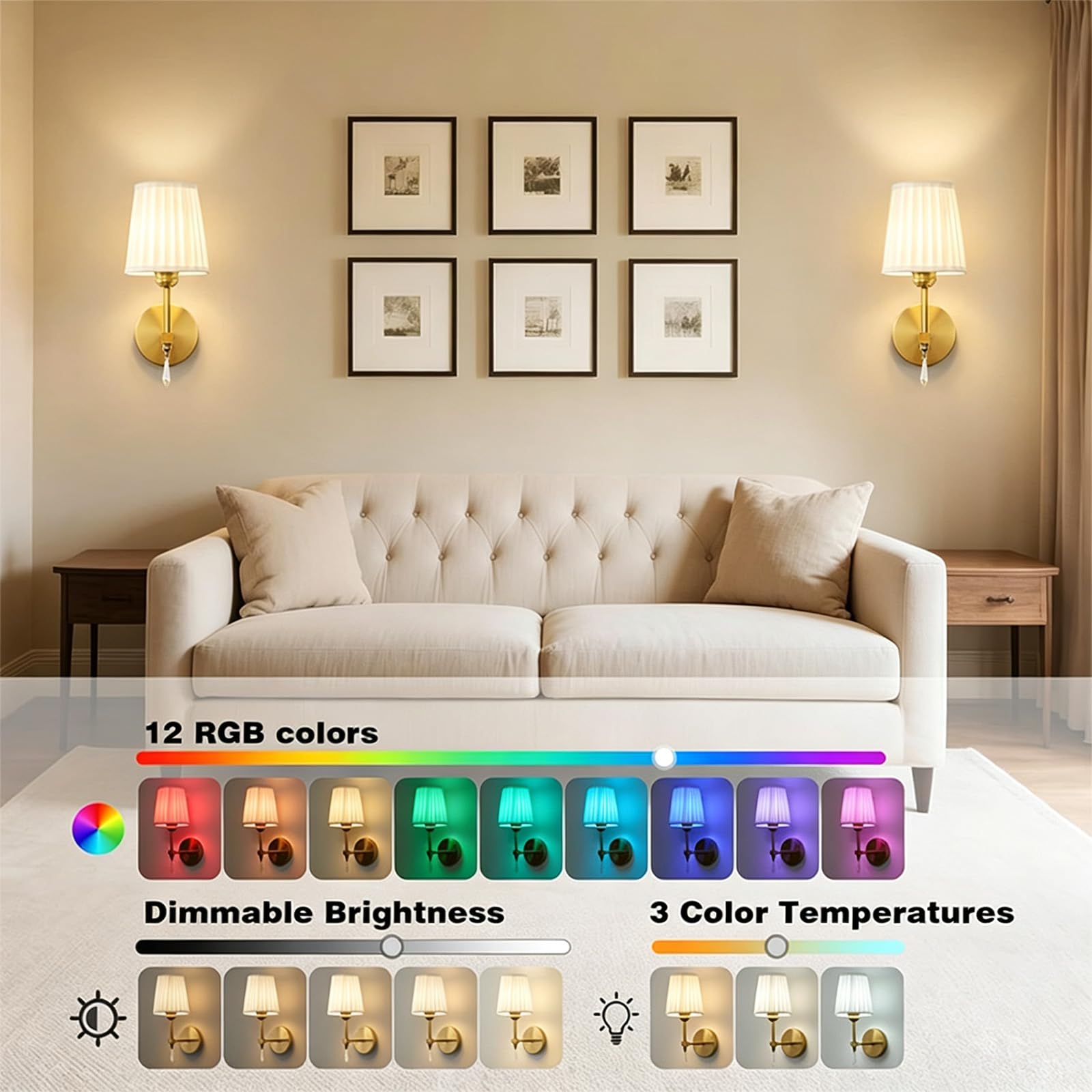 Lampada da Parete Interno Ricaricabile LED RGB Dimmerabile Applique da Parete con Telecomando Senza Fili Iluminazioni per Pareti Paralume in Tessuto Soggiorno Camera da Letto Corridoio (Oro,1 Pezzi)