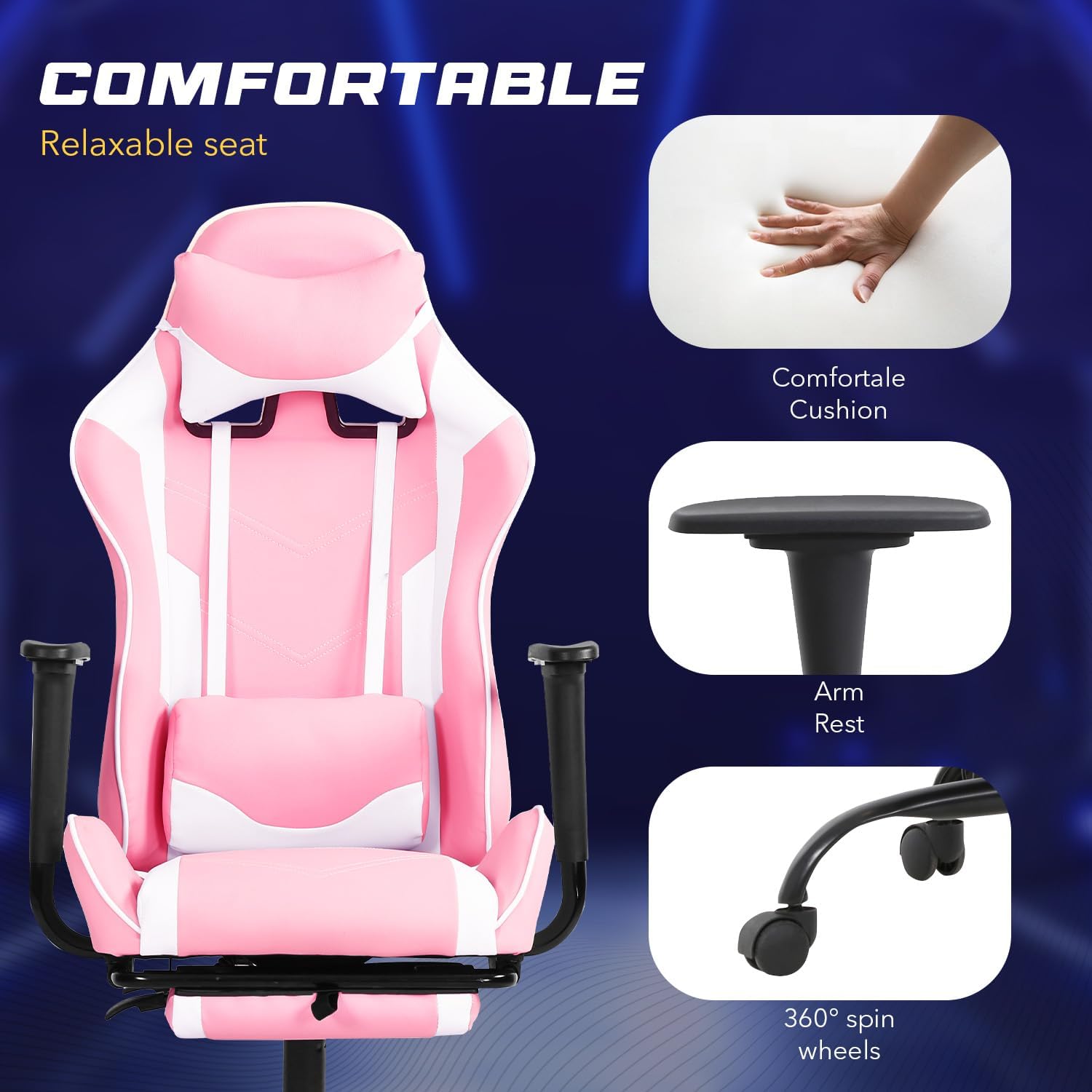 Dopinmin Gaming Chair, Computer Office Chair, Ergonomic Desk Chair Height Adjustable Recliner Swivel High Back with Lumbar Support, Footrest, Headrest, Racing Style Desk Chair,Pink