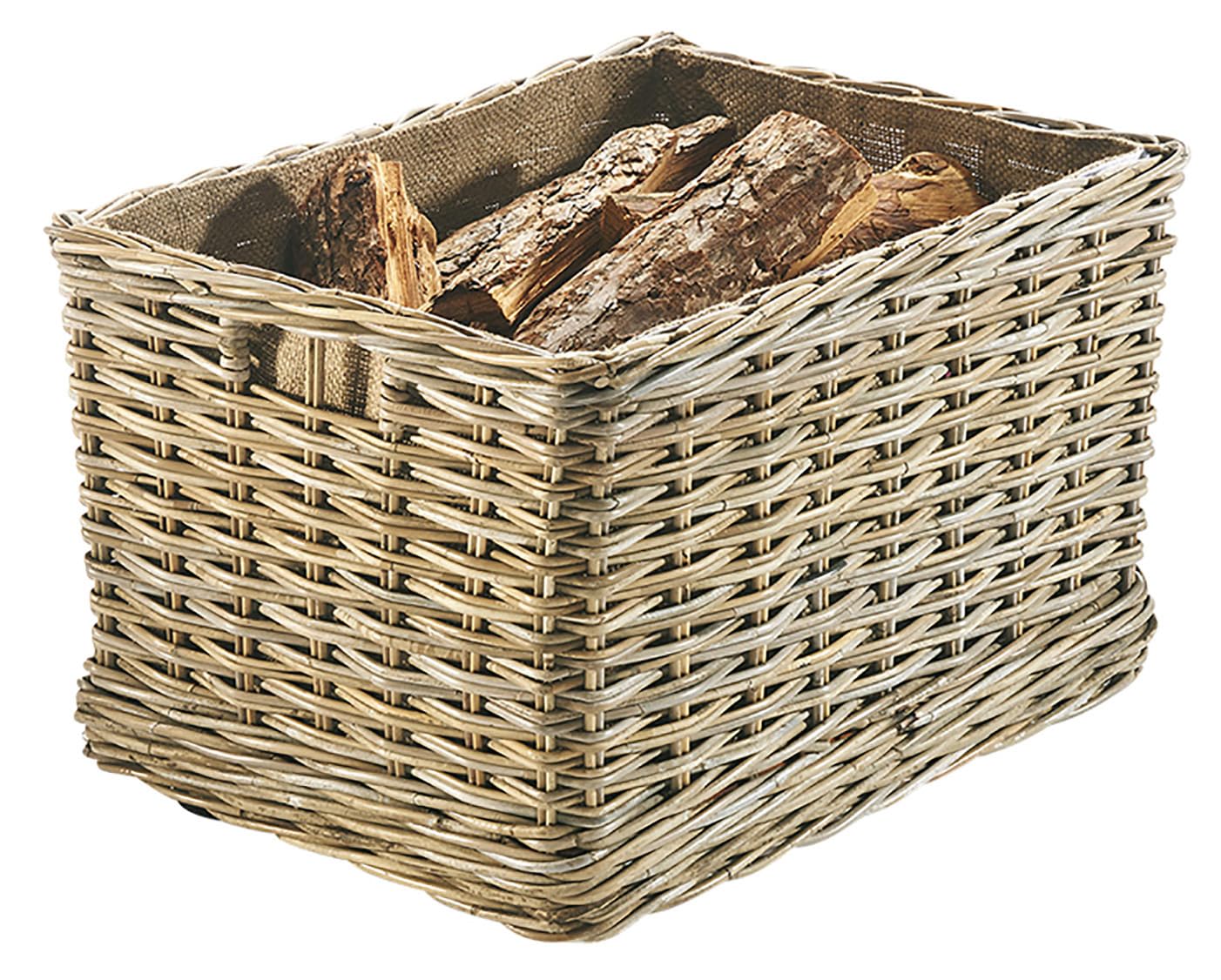 Kobolo Kaminholzwagen mit Rollen Holzkorb für Kaminholz - Rattan - mit Innenfutter aus Leinen
