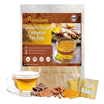 Turmeric Ginger Cinnamon Tea Bags Organic - Natural Premium Turmeric Ginger Herbal Tea, Curcuma Teas Bag Hand-made Blend of Turmeric&Ginger&Cinnamon, Improve Digestion, Support Brain, Skin and Sleep, No Additives & Caffeine Free 150 Count